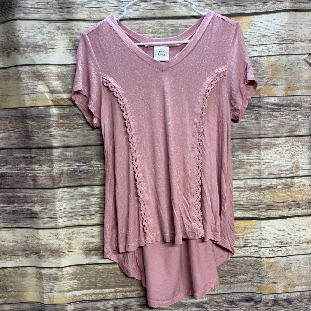 Knox Rose Pink Lace Back Lace Up High Low V-Neck Short Sleeve Top Small Boho